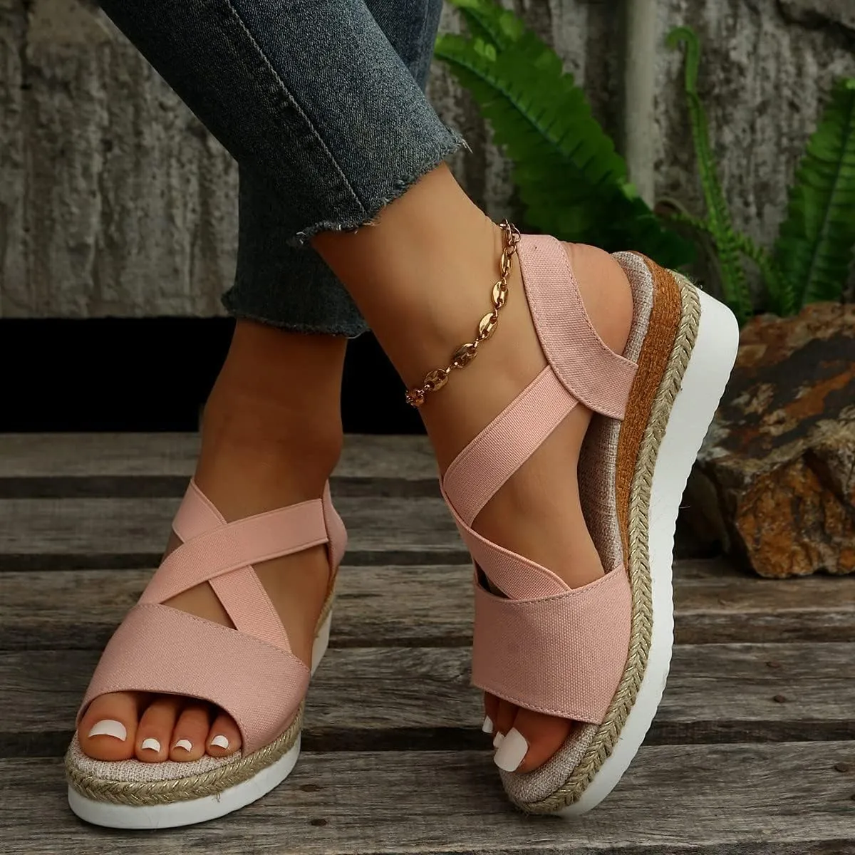 Womens Espadrilles Platform Wedge Sandals Dressy Open Toe Ankle Strap Flat Sandals Summer Casual Slip On Boho Comfortable Beach Outdoor Shoes