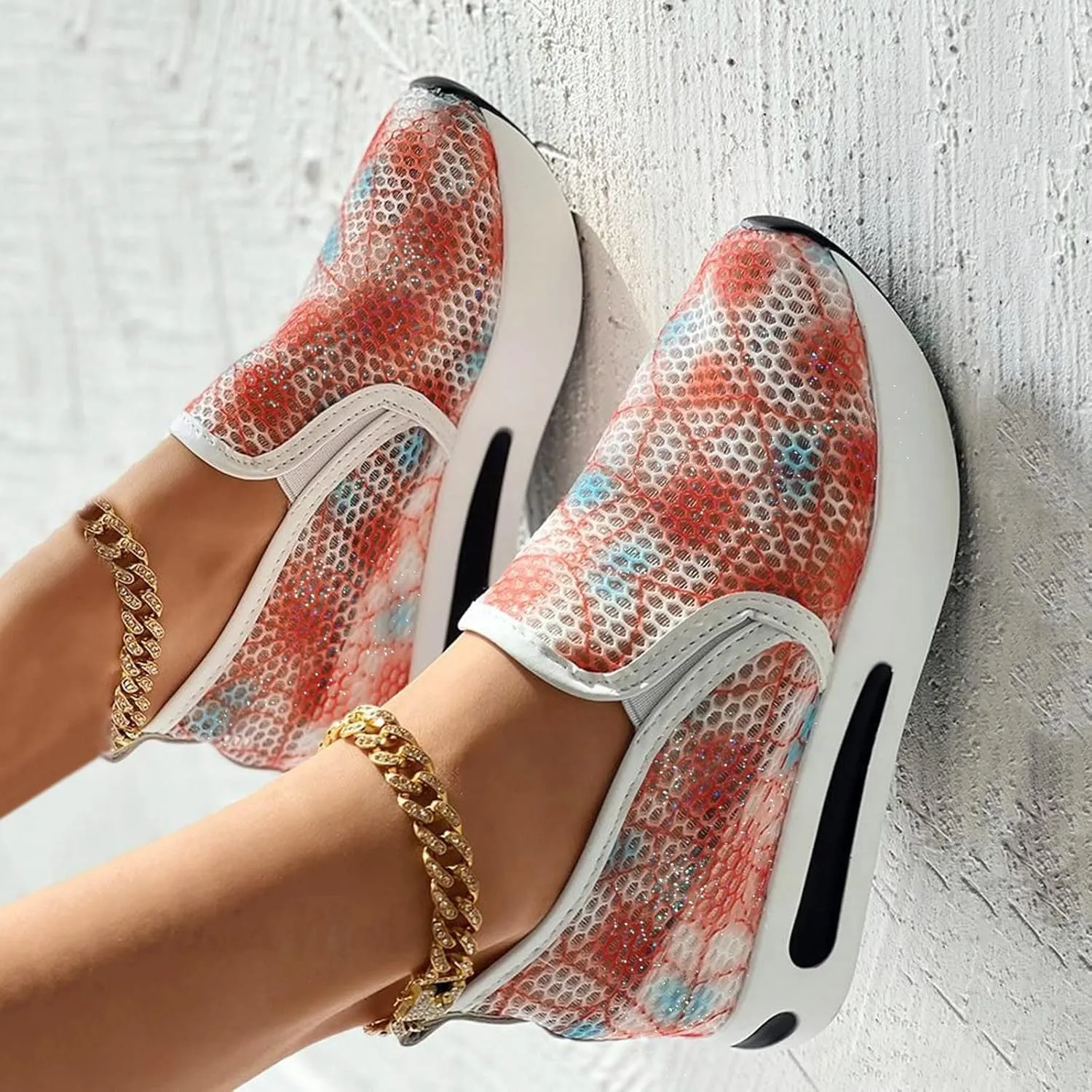Women's Fashion Sneakers Mesh Floral Embroidery Platform Sneakers for Women 2024 Breathable Walking Shoes Comfortable Casual Wedge Slip On Work Shoes
