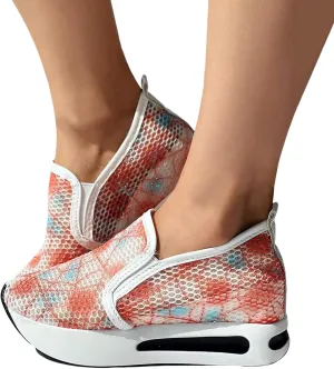 Women's Fashion Sneakers Mesh Floral Embroidery Platform Sneakers for Women 2024 Breathable Walking Shoes Comfortable Casual Wedge Slip On Work Shoes