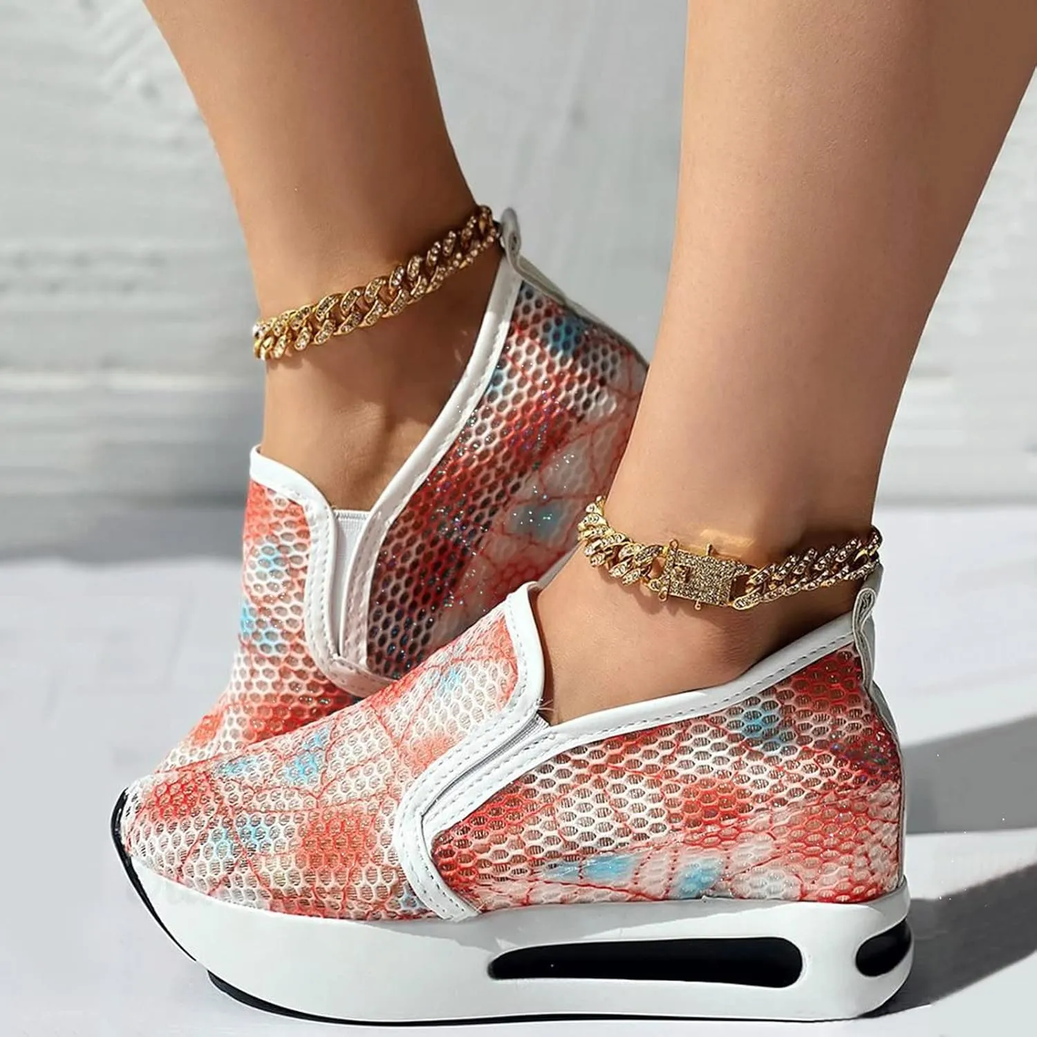Women's Fashion Sneakers Mesh Floral Embroidery Platform Sneakers for Women 2024 Breathable Walking Shoes Comfortable Casual Wedge Slip On Work Shoes