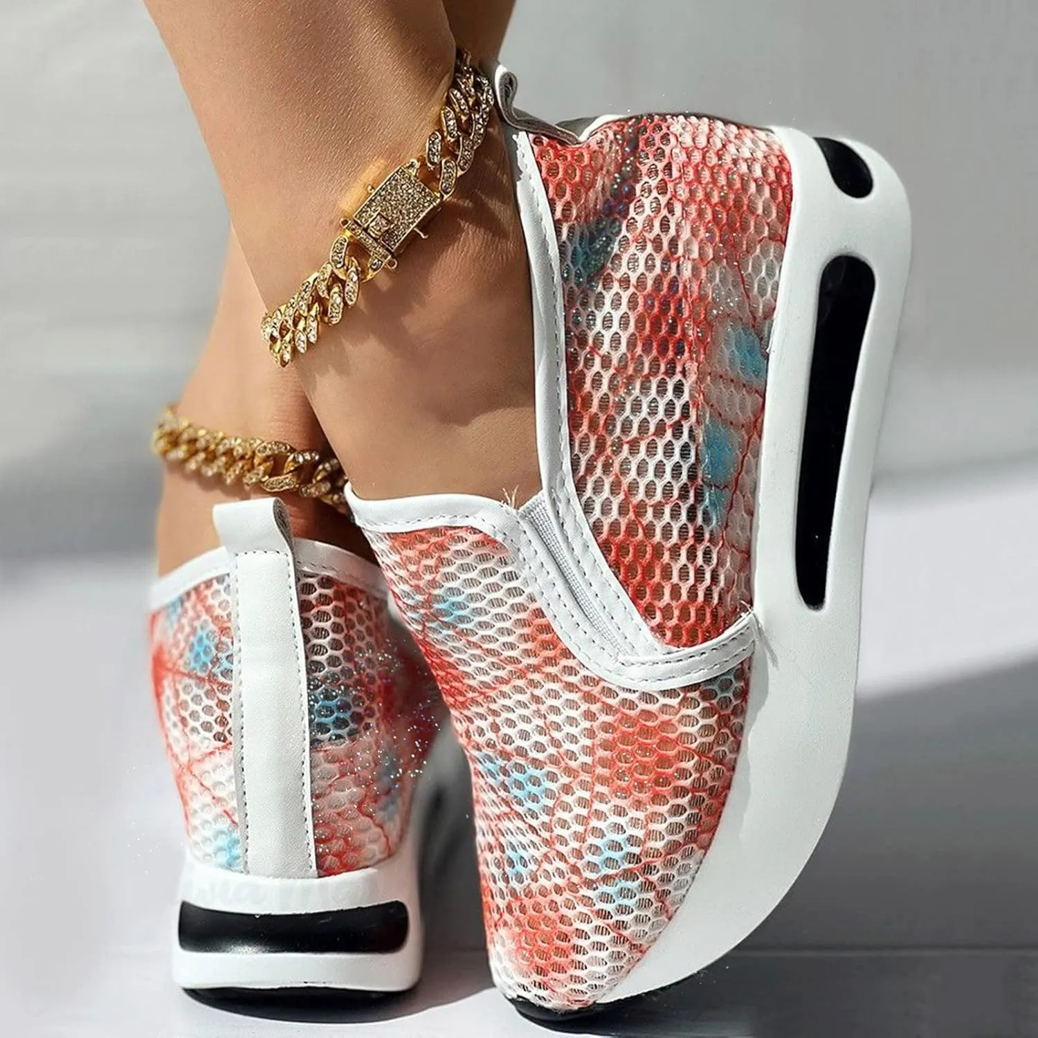 Women's Fashion Sneakers Mesh Floral Embroidery Platform Sneakers for Women 2024 Breathable Walking Shoes Comfortable Casual Wedge Slip On Work Shoes