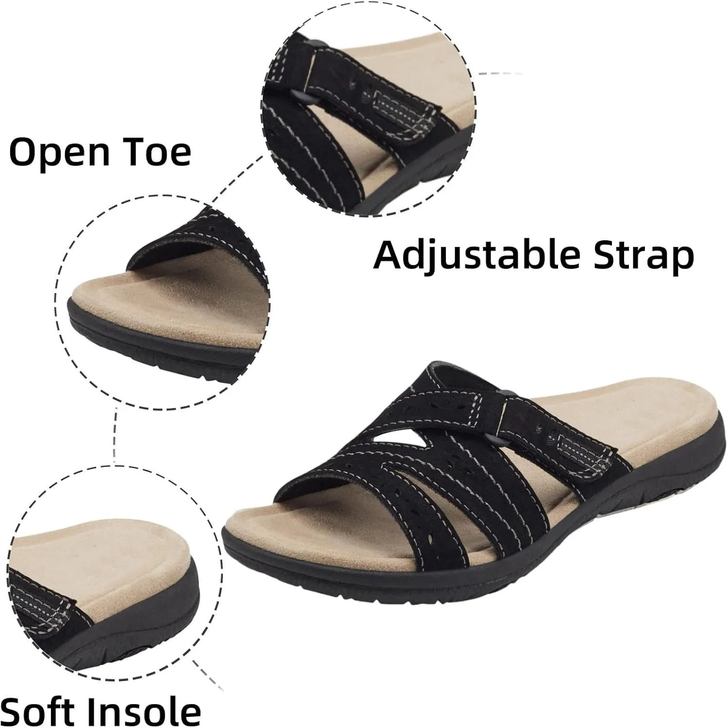 Womens Flat Sandals Summer Arch Support Orthopedic Comfort Plantar Fasciitis Soft Cushion Slippers Straps Breathable Slip on Comfortable Walking Slides
