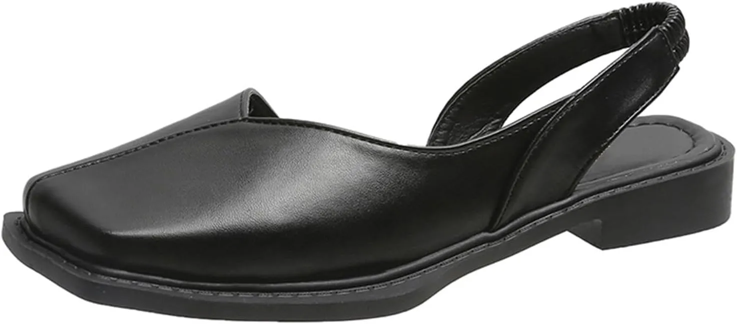 Women's Flats Shoes Square Toe Slingback Flats Adjustable Strap Flats Sandals Slip on Casual Flats Shoes Leather Dress Shoes for Wedding