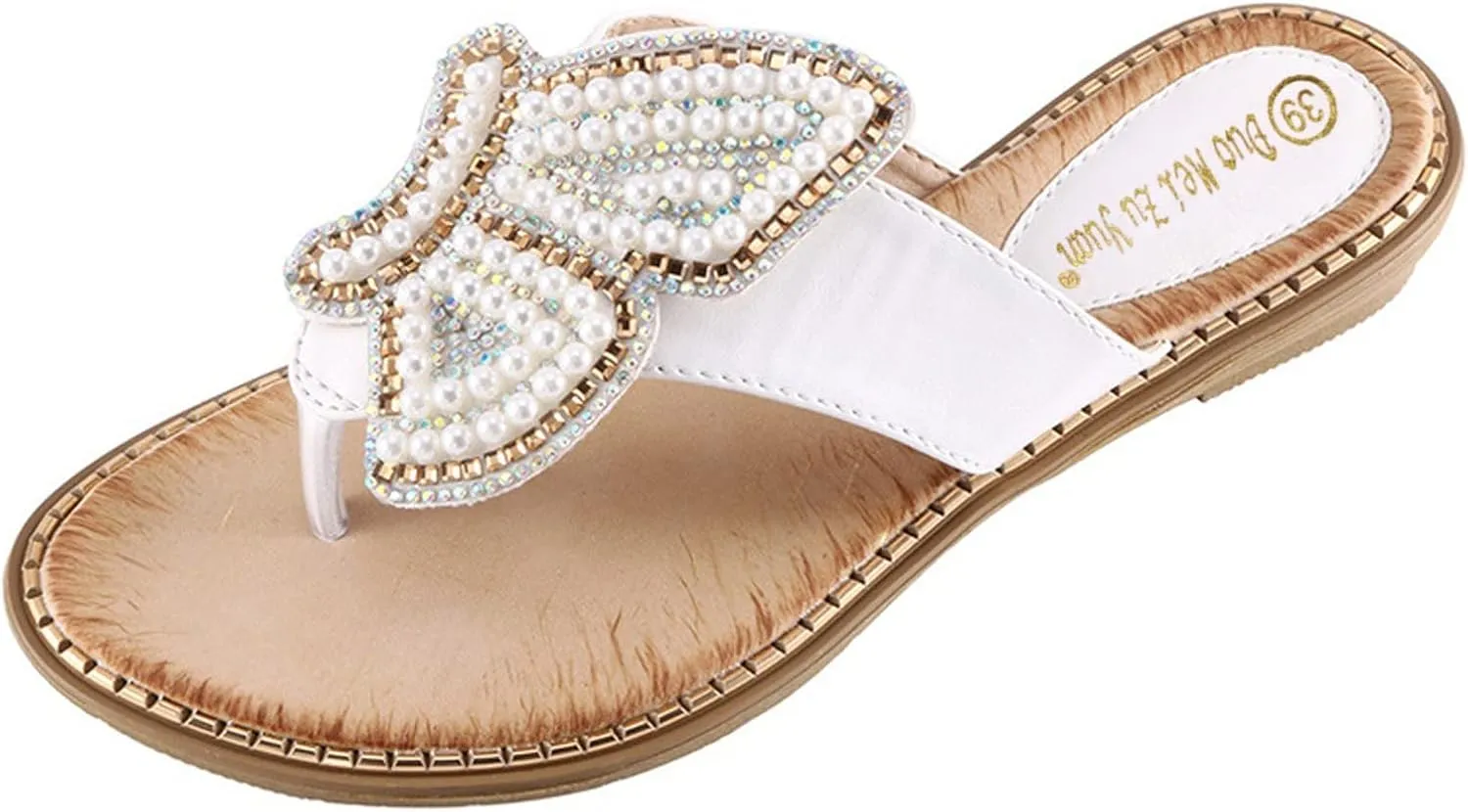Women's Flip Flops Butterfly Pearl Sequins Clip Toe Sandal Bohemia Summer T-Strap Dress Shoes Slingback Flats