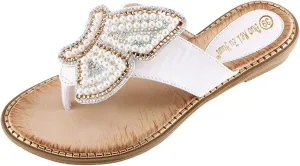 Women's Flip Flops Butterfly Pearl Sequins Clip Toe Sandal Bohemia Summer T-Strap Dress Shoes Slingback Flats