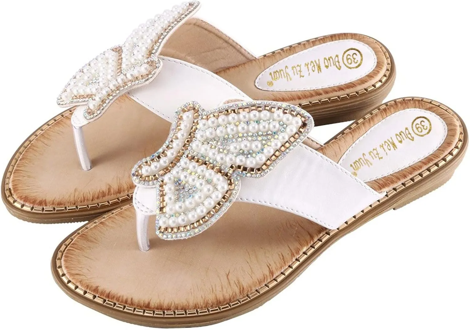 Women's Flip Flops Butterfly Pearl Sequins Clip Toe Sandal Bohemia Summer T-Strap Dress Shoes Slingback Flats