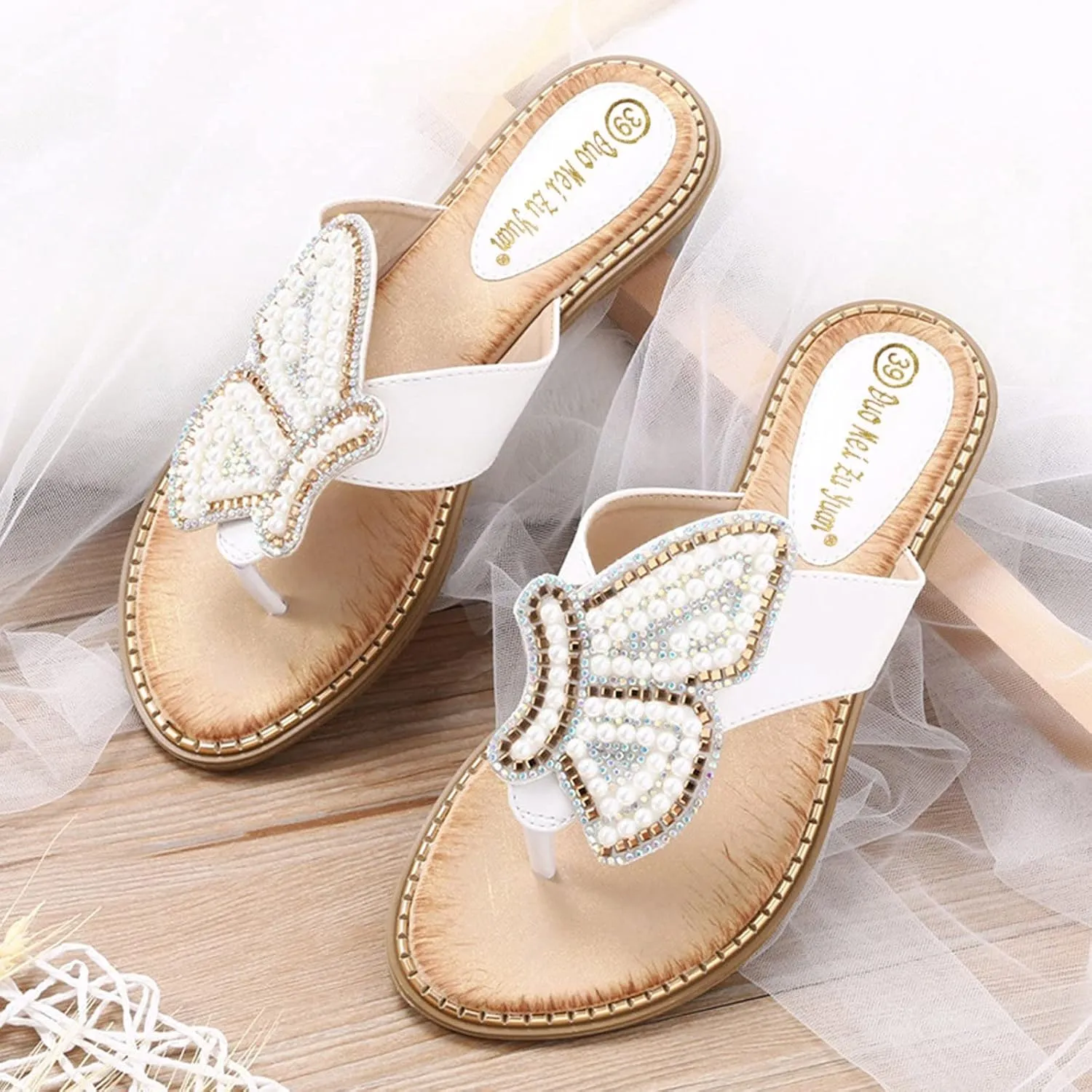 Women's Flip Flops Butterfly Pearl Sequins Clip Toe Sandal Bohemia Summer T-Strap Dress Shoes Slingback Flats