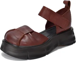 Women's Genuine Leather Platform Vintage Roman Sandals With Adjustable Hook And Loop Closed Round Toe Chunky Platform Comfortable Anti-Slip Hollow Out Casual Walking Sandals