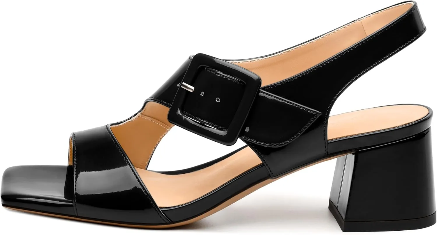 Womens Heeled Sandals Shoes, Square Peep Toe Mid Block Heel Ankle Strap Sandals for Women, Leather Insole Chunky Heel Sandals with Buckle 2"
