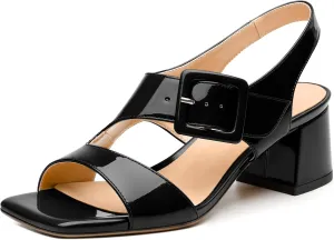 Womens Heeled Sandals Shoes, Square Peep Toe Mid Block Heel Ankle Strap Sandals for Women, Leather Insole Chunky Heel Sandals with Buckle 2"