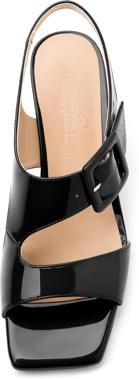 Womens Heeled Sandals Shoes, Square Peep Toe Mid Block Heel Ankle Strap Sandals for Women, Leather Insole Chunky Heel Sandals with Buckle 2"