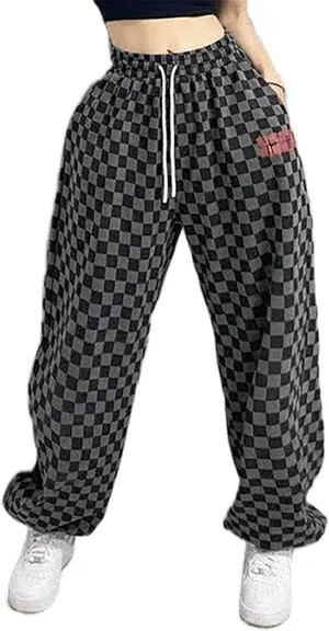 Women's Hiphop Street Dance Pants Elastic Waist Loose Wide-Leg Black/White Checkered RetroJazz Trousers