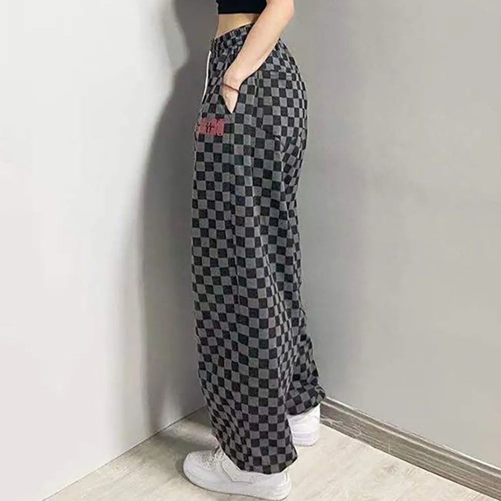 Women's Hiphop Street Dance Pants Elastic Waist Loose Wide-Leg Black/White Checkered RetroJazz Trousers