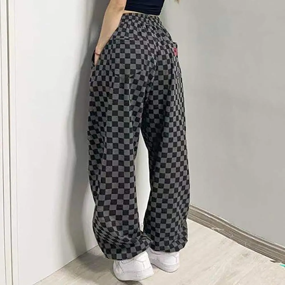 Women's Hiphop Street Dance Pants Elastic Waist Loose Wide-Leg Black/White Checkered RetroJazz Trousers