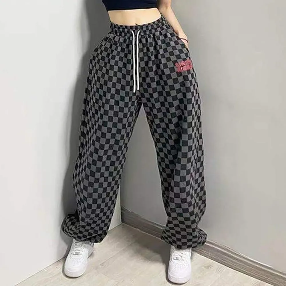 Women's Hiphop Street Dance Pants Elastic Waist Loose Wide-Leg Black/White Checkered RetroJazz Trousers