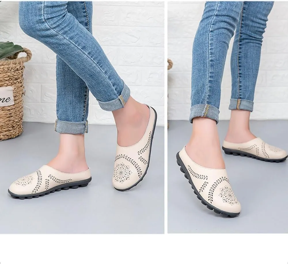 Womens Hollow Out Breathable Mule Sandals Casual Comfortable Closed Toe Sandals Flats Softsole Lightweight Leather Loafer Slippers