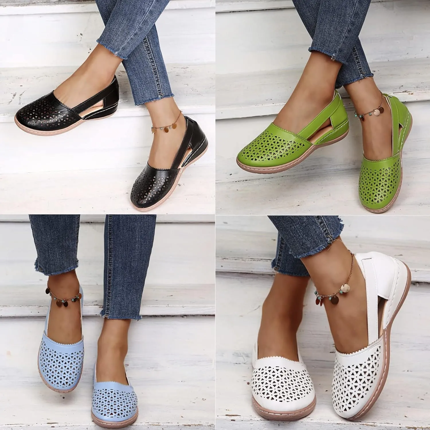 Women's Leather Baotou Hollow Wedge Sandals,Summer Round Closed Toe Low Heel Sandals,Comfortable Breathable Elastic Sandals.