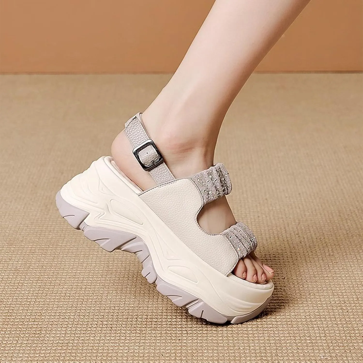 Women'S Leather Double Monk Strap Open Toe Platform Sandals,Summer Fashion Rhinestones Slip-On Casual Shoes,Breathable Comfy Beach Sneakers
