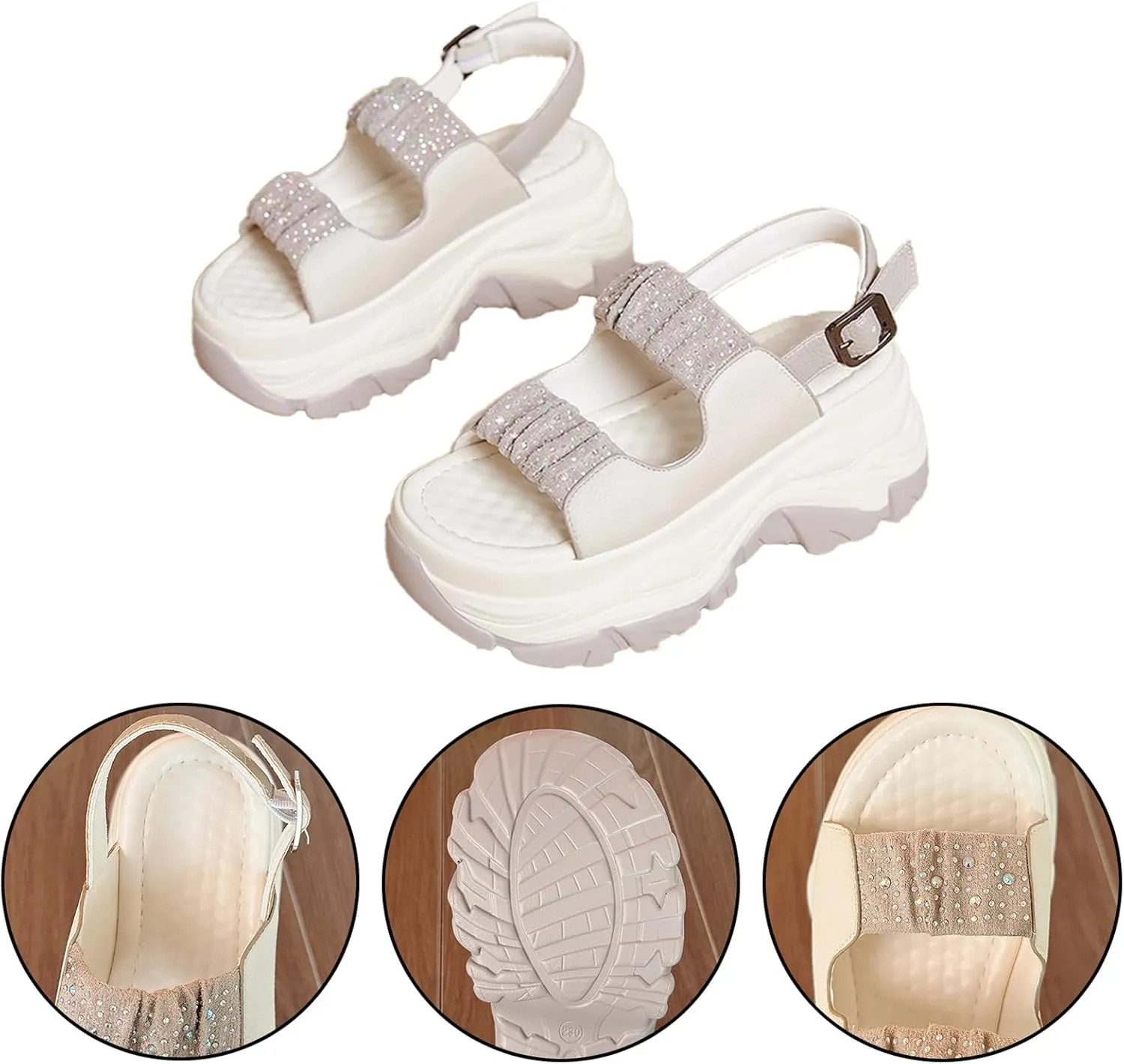 Women'S Leather Double Monk Strap Open Toe Platform Sandals,Summer Fashion Rhinestones Slip-On Casual Shoes,Breathable Comfy Beach Sneakers