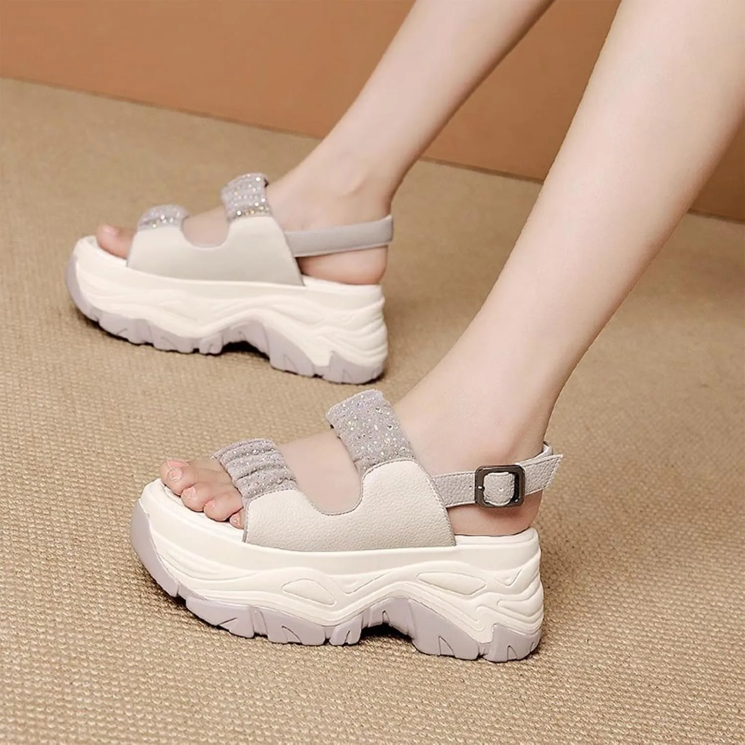 Women'S Leather Double Monk Strap Open Toe Platform Sandals,Summer Fashion Rhinestones Slip-On Casual Shoes,Breathable Comfy Beach Sneakers