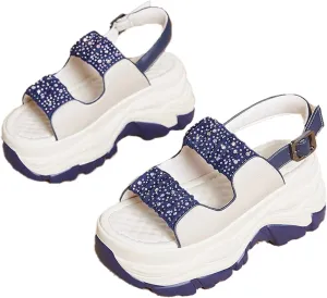 Women'S Leather Double Monk Strap Open Toe Platform Sandals,Summer Fashion Rhinestones Slip-On Casual Shoes,Breathable Comfy Beach Sneakers