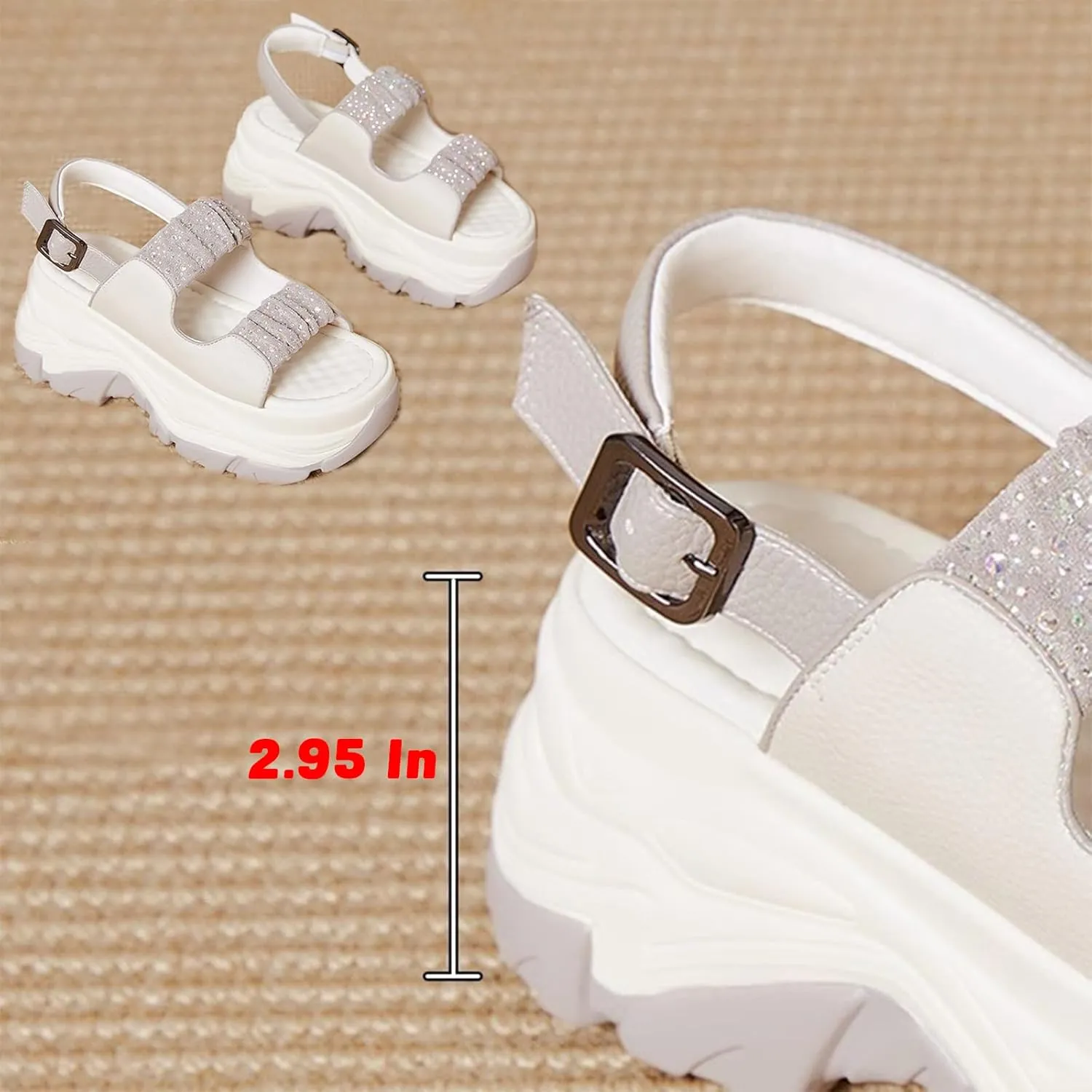 Women'S Leather Double Monk Strap Open Toe Platform Sandals,Summer Fashion Rhinestones Slip-On Casual Shoes,Breathable Comfy Beach Sneakers