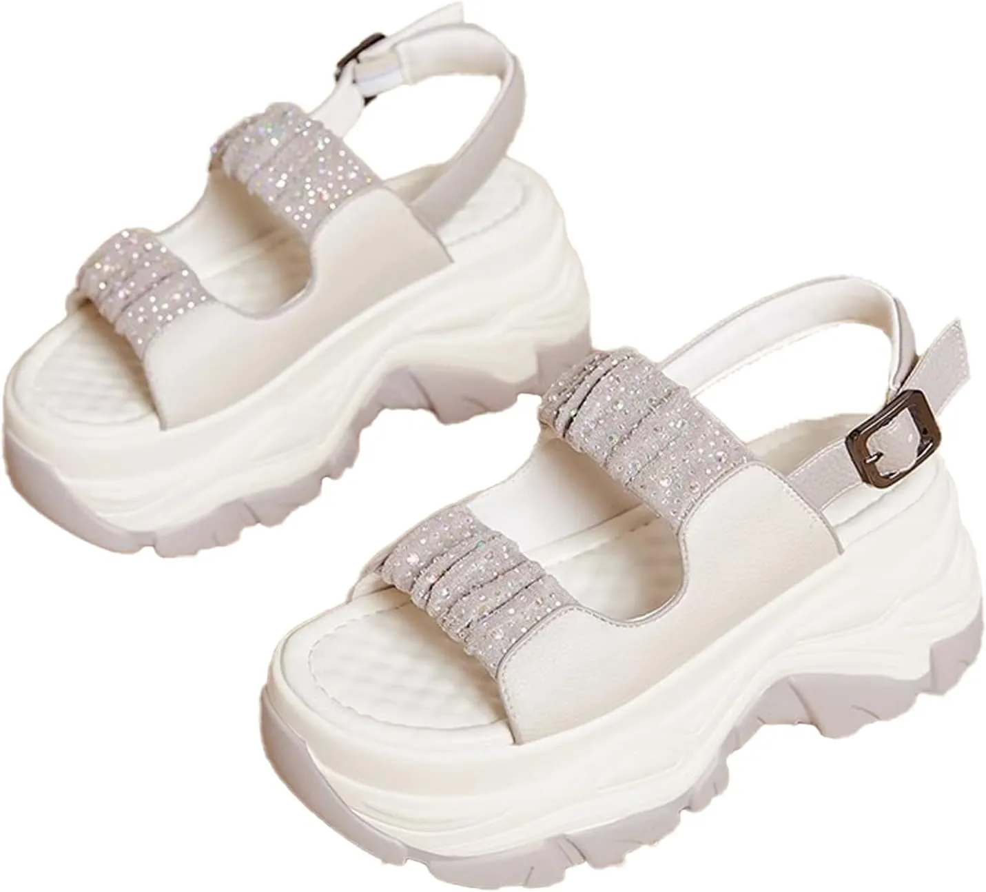 Women'S Leather Double Monk Strap Open Toe Platform Sandals,Summer Fashion Rhinestones Slip-On Casual Shoes,Breathable Comfy Beach Sneakers