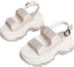 Women'S Leather Double Monk Strap Open Toe Platform Sandals,Summer Fashion Rhinestones Slip-On Casual Shoes,Breathable Comfy Beach Sneakers