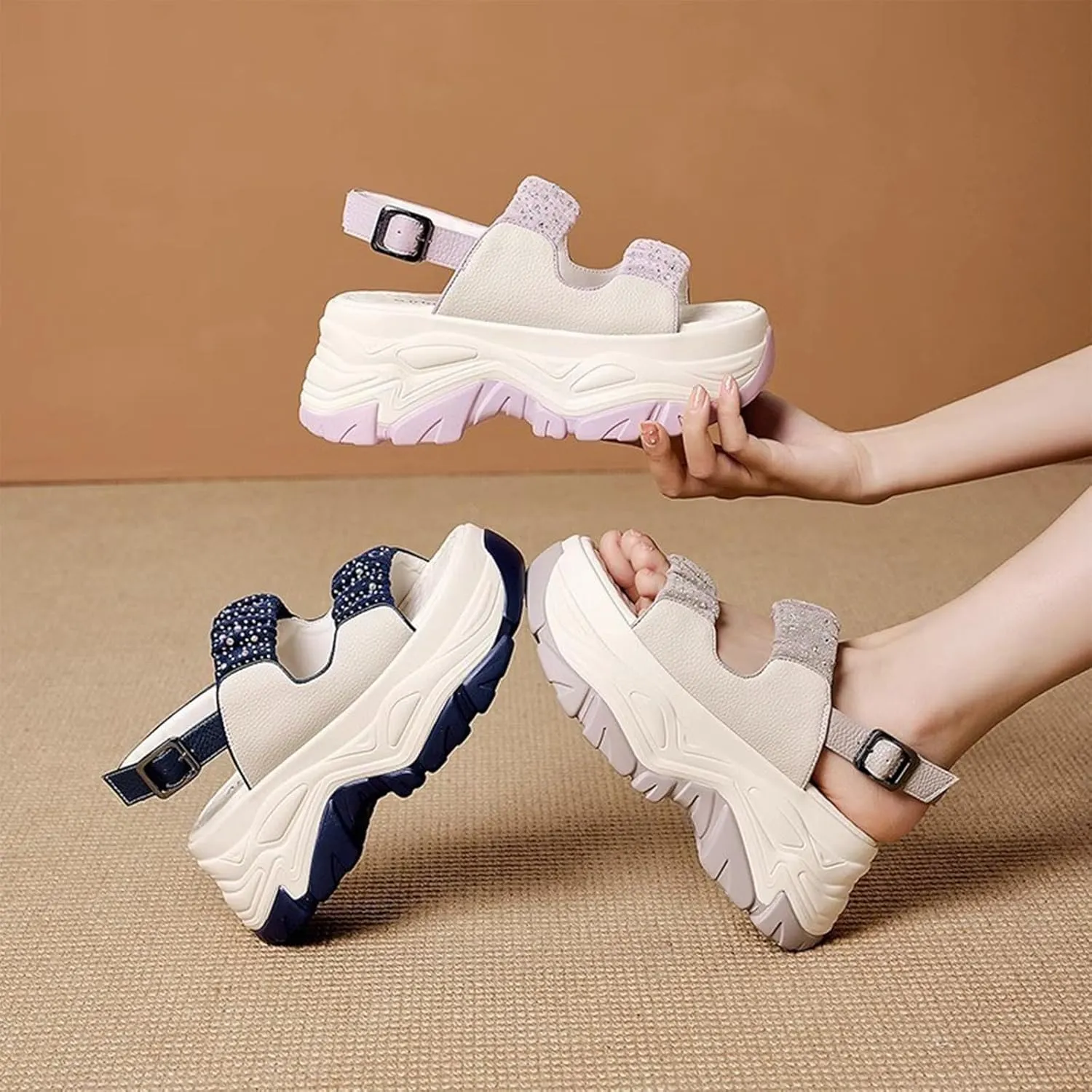 Women'S Leather Double Monk Strap Open Toe Platform Sandals,Summer Fashion Rhinestones Slip-On Casual Shoes,Breathable Comfy Beach Sneakers