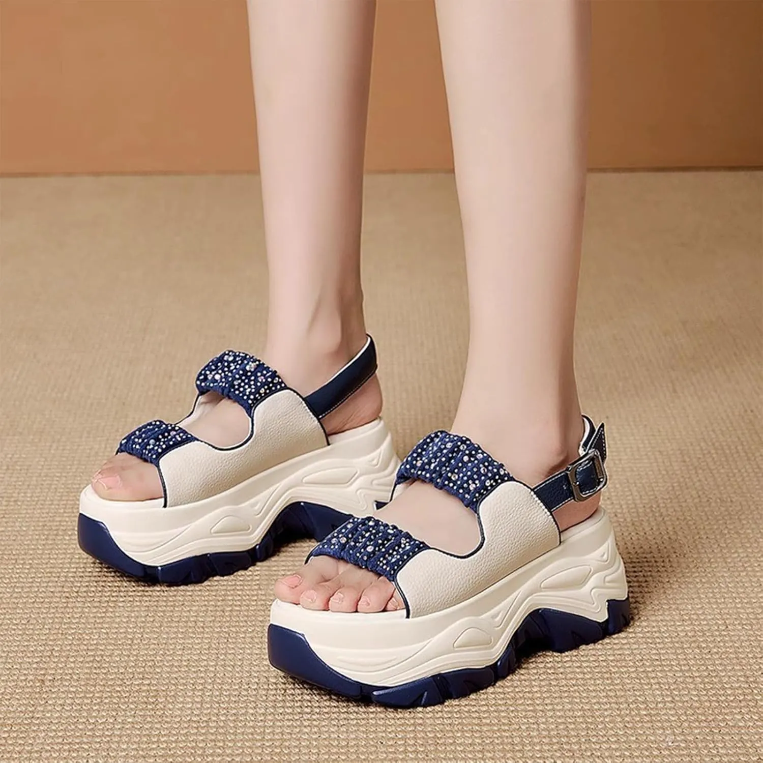 Women'S Leather Double Monk Strap Open Toe Platform Sandals,Summer Fashion Rhinestones Slip-On Casual Shoes,Breathable Comfy Beach Sneakers