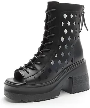 Women's Leather Hollow Round Toe Open Toe Platform Chunky Heel Ankle Boot Sandals Fashion Back Zipper Breathable Wedge High Top Rome Sandals Summer Casual Comfort Anti-Slip Sandals