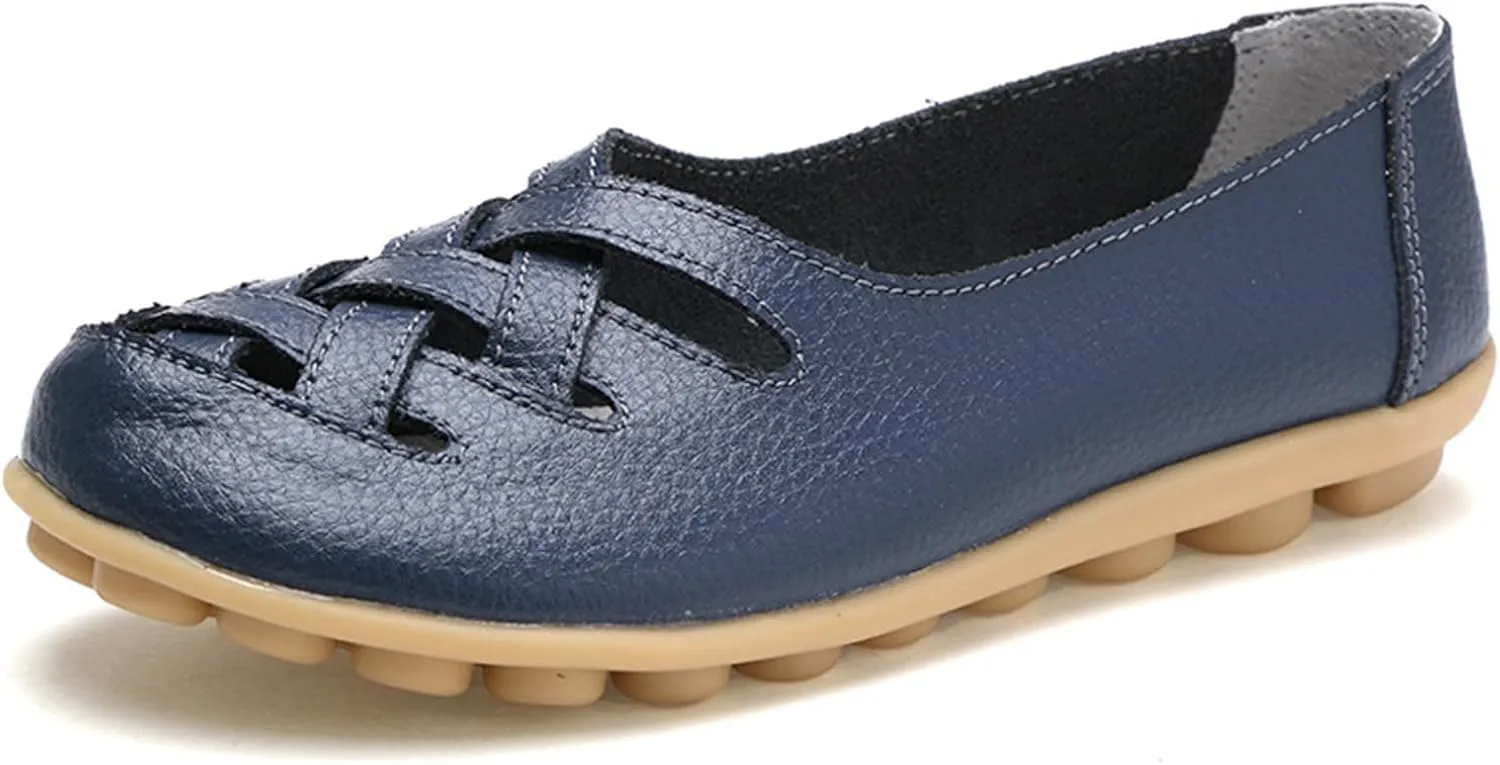 Womens Leather Loafers Summer Breathable Hollow Out Closed Toe Slip-On Sandals Casual Lightweight Soft Sole Nurse Work Walking Shoes Comfortable Casual Fisherman Sandals