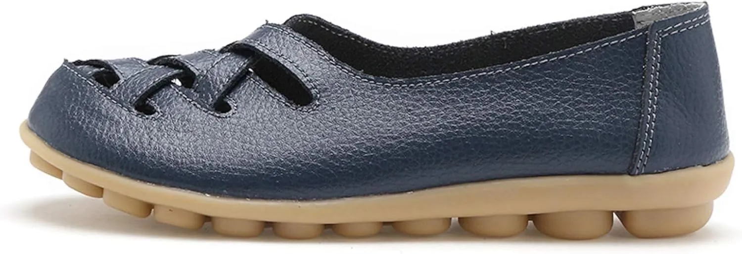 Womens Leather Loafers Summer Breathable Hollow Out Closed Toe Slip-On Sandals Casual Lightweight Soft Sole Nurse Work Walking Shoes Comfortable Casual Fisherman Sandals