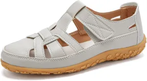 Womens Leather Sandals Woven Closed Toe Loafer Cutout Hook and Loop Soft Sole Slip On Sandals, Casual Comfy Orthopedic Sandal Comfortable Boho Roman Sandal Breathable Outdoor Walking Shoes