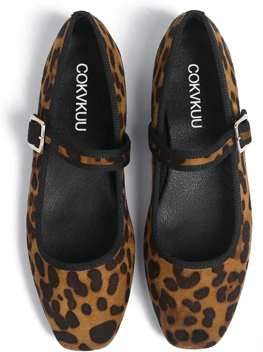 Women's Leopard Print Square Toe Soft Bottom Flat Shoes, with Back Strap Hem Design, Simple Retro Mary Jane Style Slip-on Fashionable and Comfortable Casual Shoes