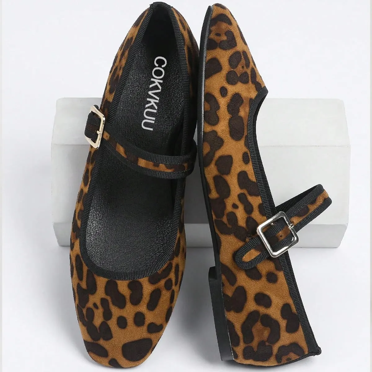 Women's Leopard Print Square Toe Soft Bottom Flat Shoes, with Back Strap Hem Design, Simple Retro Mary Jane Style Slip-on Fashionable and Comfortable Casual Shoes