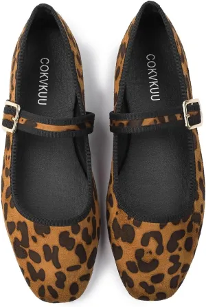 Women's Leopard Print Square Toe Soft Bottom Flat Shoes, with Back Strap Hem Design, Simple Retro Mary Jane Style Slip-on Fashionable and Comfortable Casual Shoes