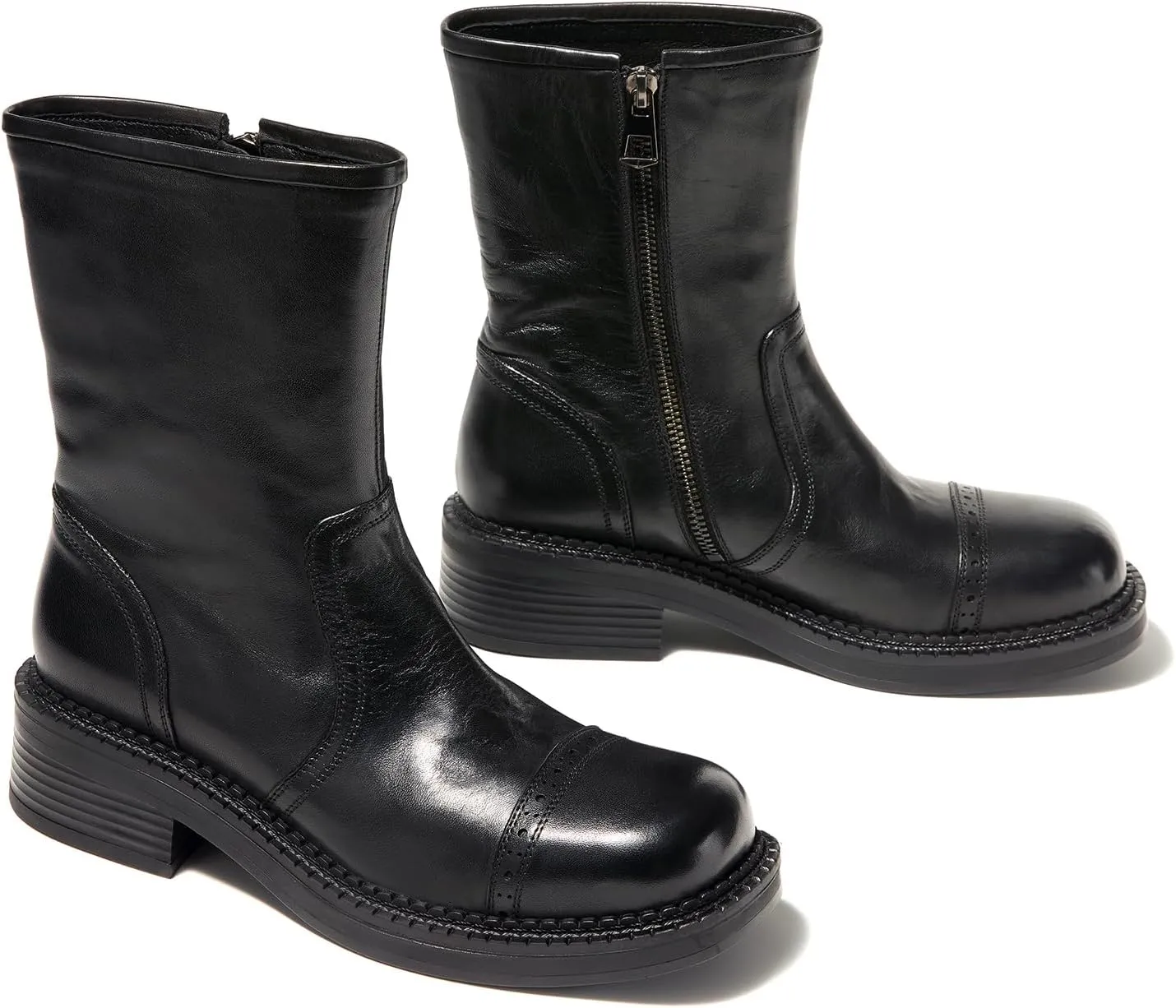 Women's Mid-Calf Cowboy Boots Western Style Zipper Boots Genuine Leather Chunky Heel Perfect for Skirts and Jeans