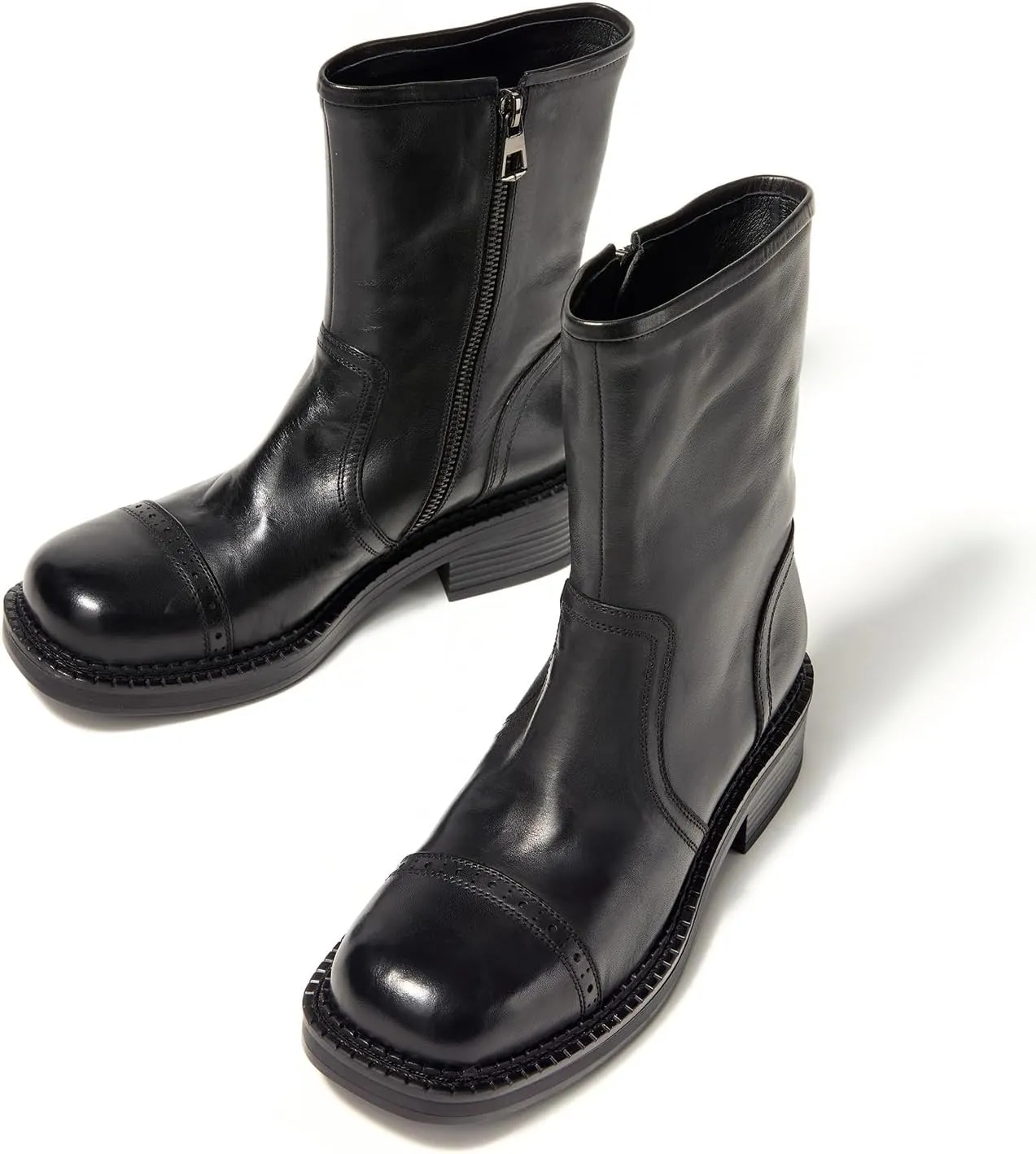 Women's Mid-Calf Cowboy Boots Western Style Zipper Boots Genuine Leather Chunky Heel Perfect for Skirts and Jeans
