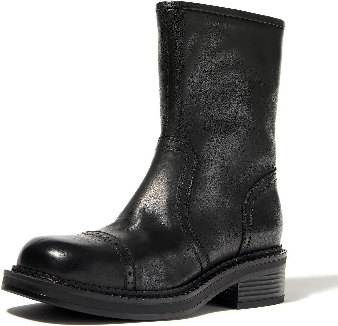 Women's Mid-Calf Cowboy Boots Western Style Zipper Boots Genuine Leather Chunky Heel Perfect for Skirts and Jeans