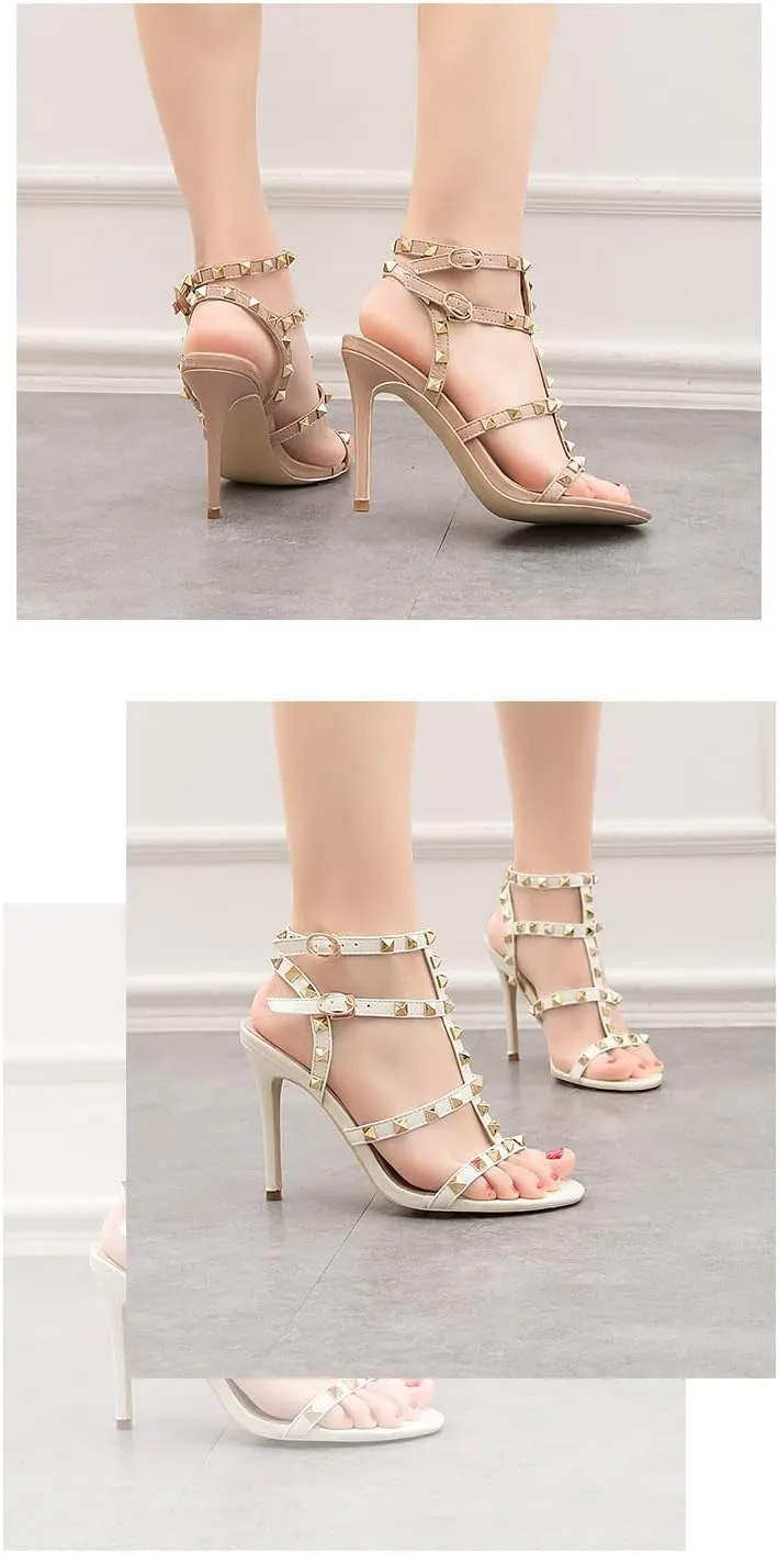 Women's Open Toe Slingback Stiletto Dress Sandals, Comfortable Adjustable Ankle Strap Buckle Fashion Rivet High Heel Sandals
