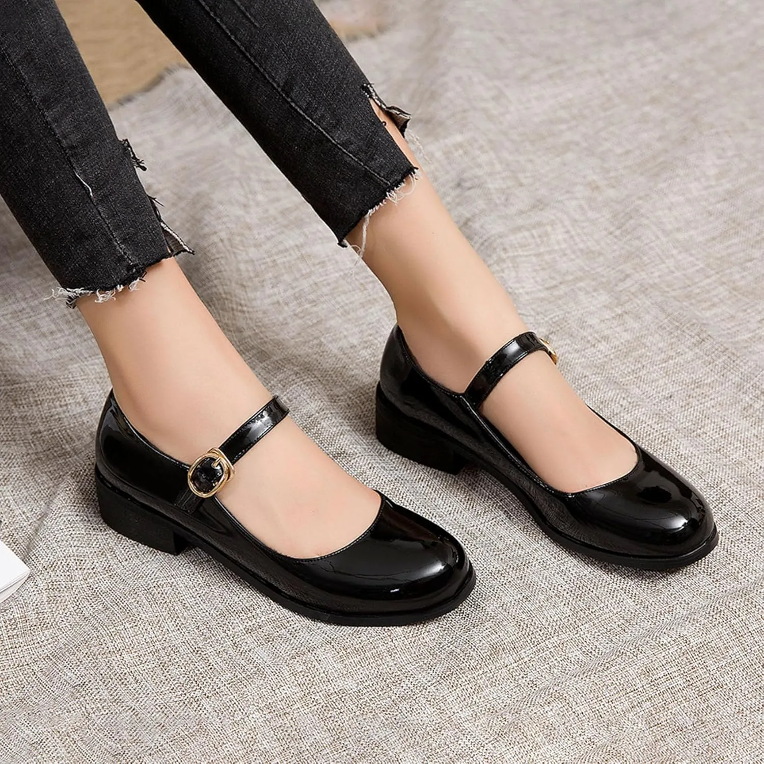 Womens Patent Mary Jane Flats Closed Toe Comfortable Shoes