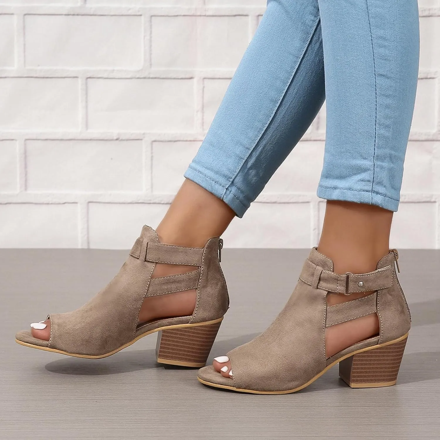 Women's Peep Toe Booties Toe Ankle Booties Chunky Heels Cutout Back Zipper Sandals Suede Side Ankle Strap Dress Sandals Strap Evening Party Shoes