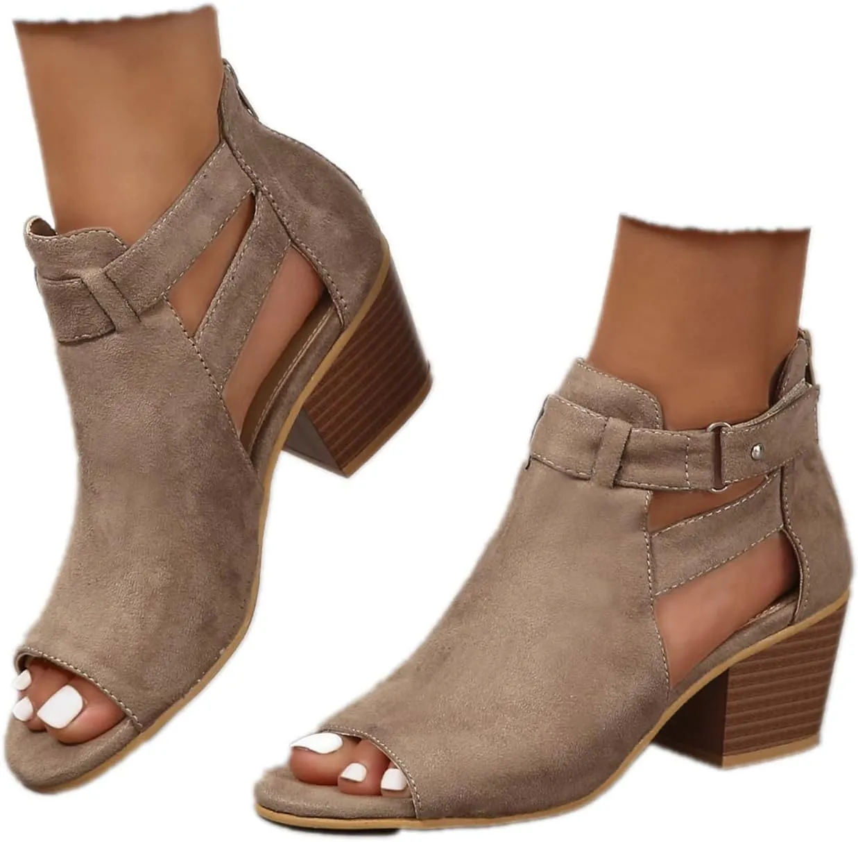 Women's Peep Toe Booties Toe Ankle Booties Chunky Heels Cutout Back Zipper Sandals Suede Side Ankle Strap Dress Sandals Strap Evening Party Shoes