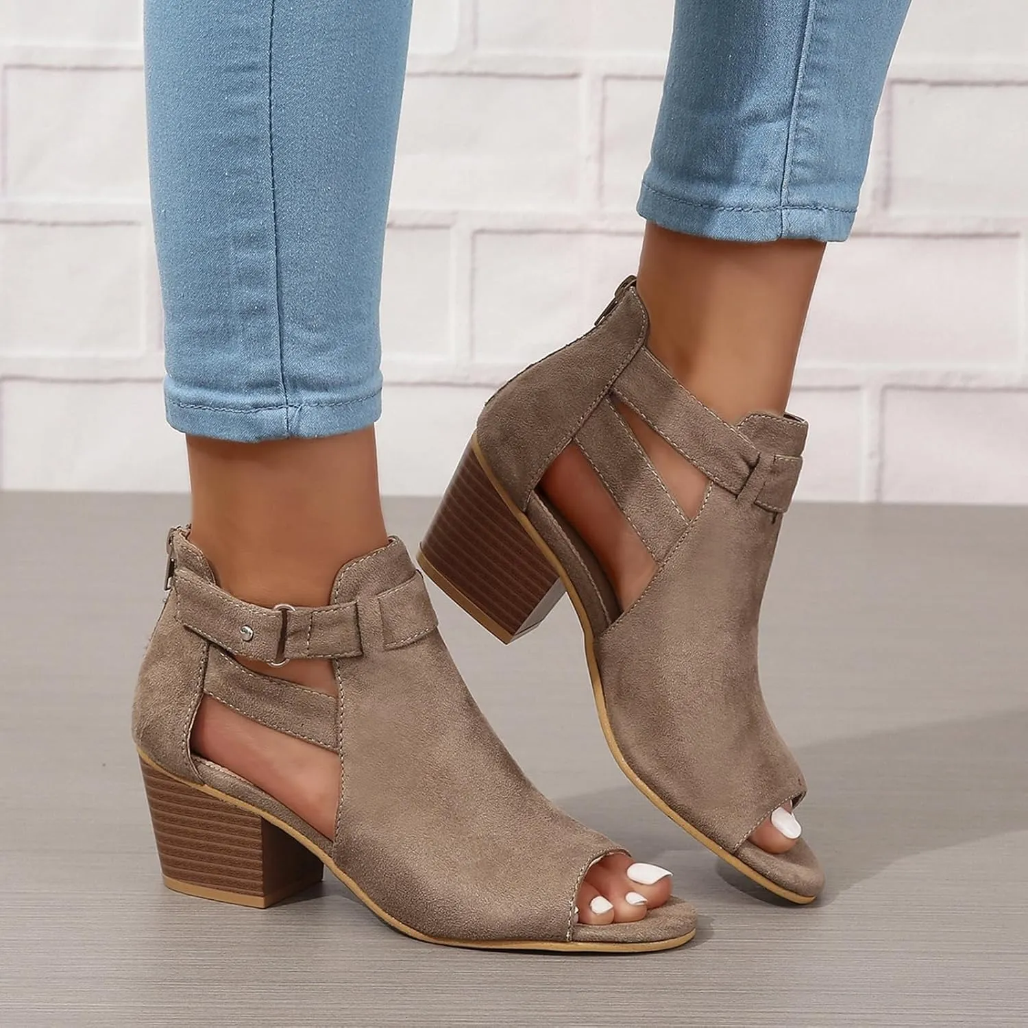 Women's Peep Toe Booties Toe Ankle Booties Chunky Heels Cutout Back Zipper Sandals Suede Side Ankle Strap Dress Sandals Strap Evening Party Shoes