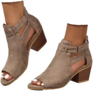 Women's Peep Toe Booties Toe Ankle Booties Chunky Heels Cutout Back Zipper Sandals Suede Side Ankle Strap Dress Sandals Strap Evening Party Shoes