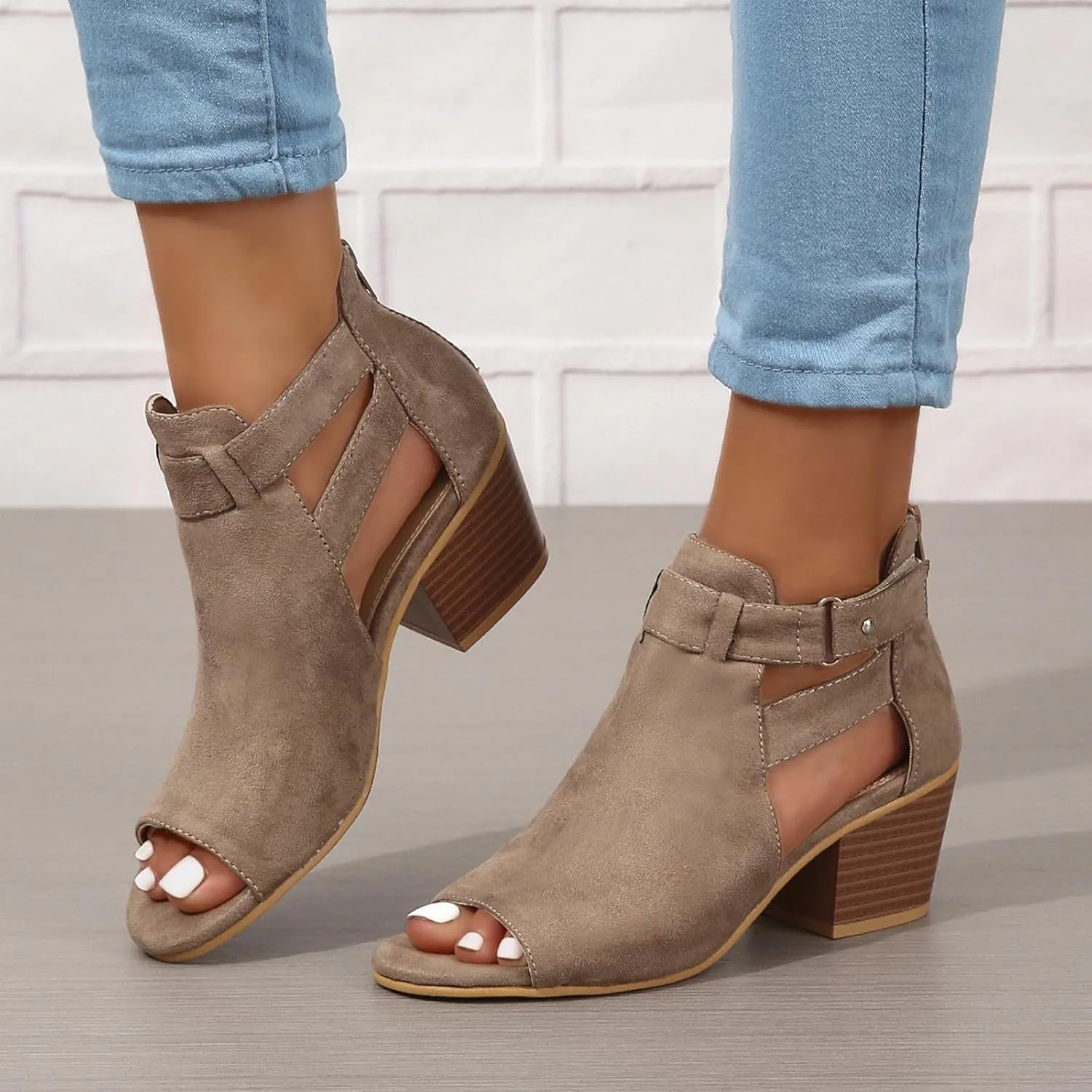 Women's Peep Toe Booties Toe Ankle Booties Chunky Heels Cutout Back Zipper Sandals Suede Side Ankle Strap Dress Sandals Strap Evening Party Shoes