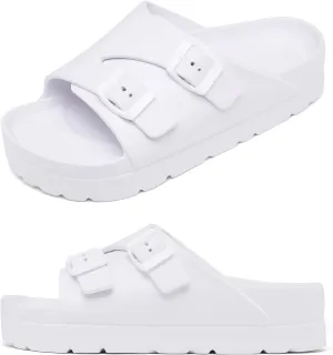 Womens Platform Sandals with Arch Support, Adjustable Buckle Beach Sandal Woman Comfort Lightweight Ultra Cushion EVA Slides