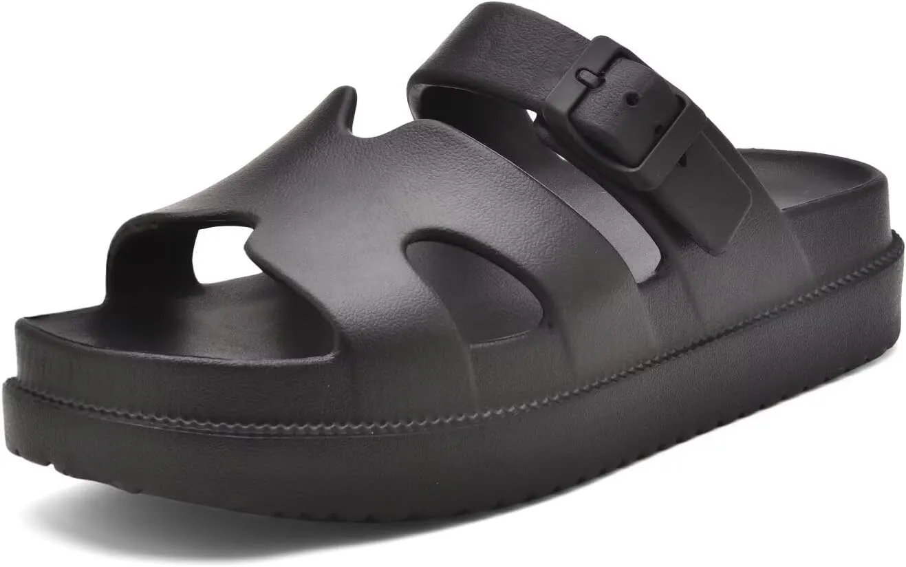 Womens Platform Sandals with Arch Support, Summer Beach Slides Adjustable Buckle, Women Comfort Lightweight Chunky Cushion Slip on H-Strap Sandal