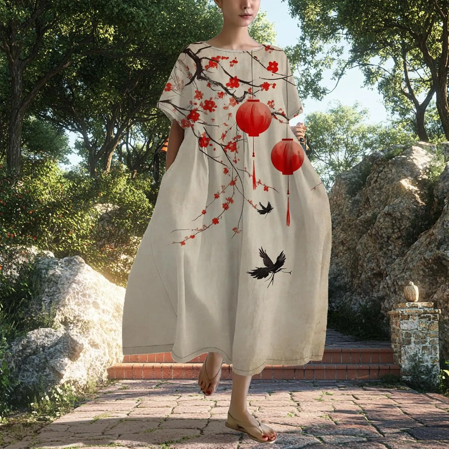 Women's Plus Size Boho Dress Novelty Cotton Maxi Dresses Japanese Art Summer Casual Loose Flowy A-line Midi Dress Trendy